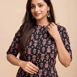 HERE&NOW Women Ethnic Motifs Printed Regular Pure Cotton Kurta with Trousers image 4