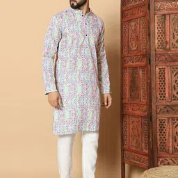 FoxDX Men Floral Printed Thread Work Kurta image 3