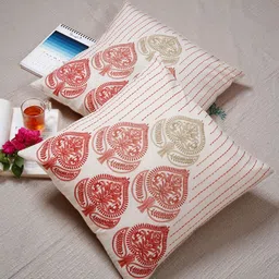 Ratan Cart Red & Peach-Coloured 2 Pieces Ethnic Motifs Pure Cotton Square Cushion Covers image 1