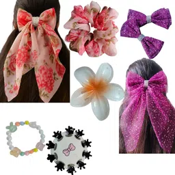 Stunning Shopping World Trendy Hair Accessory Combo for Girls | Bow Clips Scrunchie Flower Bracelet Set Hair Dryer-picture-14