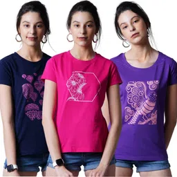 laya Pack of 3 Women Printed Round Neck Pure Cotton Multicolor T-Shirt-picture-27