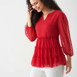 aask Casual Puff Sleeves Self Design Women Red Top image 4