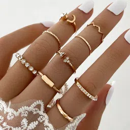 Shining Diva Fashion Set Of 9 Gold-Plated Crystals-Studded Rings-picture-37