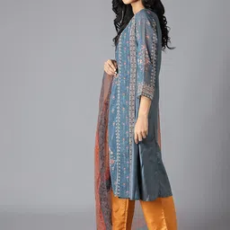 WISHFUL Women Teal Ethnic Motifs Printed Zardozi Kurta with Palazzos & With Dupatta image 4