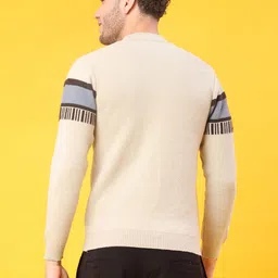 v-mart Men Self Design Round Neck Beige Sweater image 3