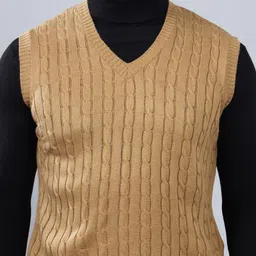 cantabil Men Self Design V Neck Brown Sweater image 4