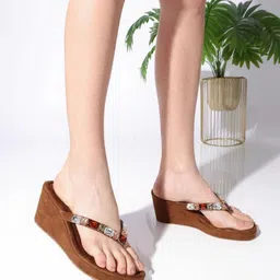 Kneetoes Women Gem-Studded Brown Wedge Party Sandals-image-78