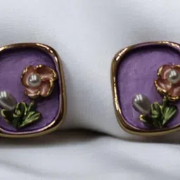 ADC SHEMONA Gold-Plated Square Shaped Floral Artificial Stones Studded Studs image 2