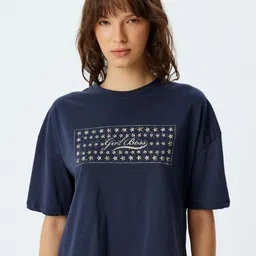 Koton Women Graphic Printed Round Neck Cotton Boxy T-shirt-image-93