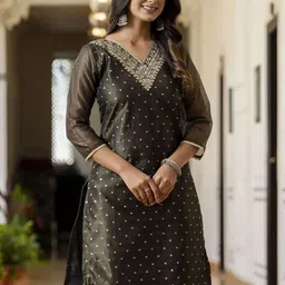 VredeVogel Floral Woven Design Round Neck Regular Thread Work Straight Kurta image 4