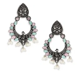 fabula 925 Silver Artificial Stones Studded And Beaded Peacock Shaped Drop Earrings image 2