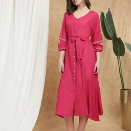 Globus Women V-Neck Bishop Sleeves Embroidered Detail Waist Tie-Ups A-Line Midi Dress image 3