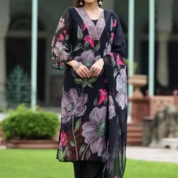 all about you Women Floral Printed Regular Thread Work Kurta with Trousers & With Dupatta image 2