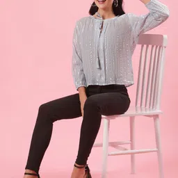 Shades of Sabi Grey Round neck solid Regular Top image 3