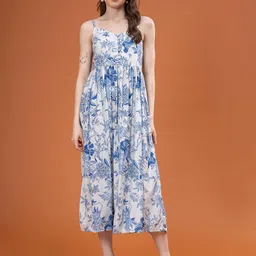 VASVI Women Floral Printed Shoulder Straps Cotton Fit and Flare Midi Dress-image-47