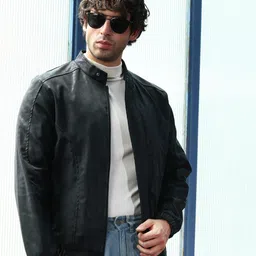 Campus Sutra Leather Mandarin Collar Lightweight Biker Jacket-picture-39