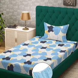 Myntra Elegant Homes Blue Floral Printed 400 TC Single Fitted Bedsheet Set 2.25m x 1.5m-image-37