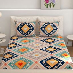 MOGNE FAB Peach & Blue Floral Cotton Fitted 210 TC King Bedsheet Set 2.28 m x 2.54 m-picture-19