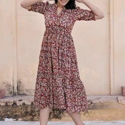 Jash Creation Print Puff Sleeve Applique Crepe Fit & Flare Maxi Dress image 1