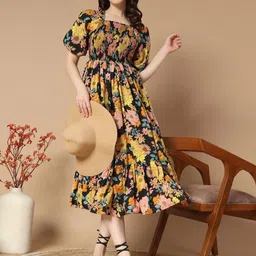 Krunal Raiyani Women Floral Printed Puff Sleeve Crepe Fit & Flare Dress-picture-18