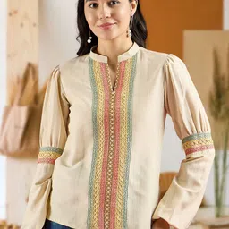 CORSICA Geometric Mandarin Collar Puff Sleeve Top-image-20