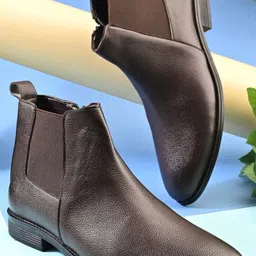 Roadster Men Brown Solid PU With TRP Sole Side Chain Boots-image-95