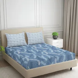 Nivasam Navy Blue & White Printed Cotton 400 TC Fitted King Bedsheet Set 1.98 m x 1.82 m image 2