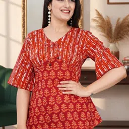 Billion Women Ethnic Motifs Printed Bell Sleeve V-Neck Cotton Empire Top-picture-33