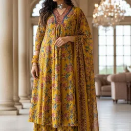 SZN Floral Printed Cotton Kurta With Trousers & Dupatta-picture-37