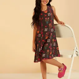 Bugandbees Girls Floral Print Round Neck A-Line Dress-picture-11