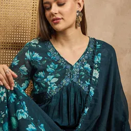 CHETI Women Floral Printed Thread Work Pleated Anarkali Kurta with Trousers & Dupatta image 4