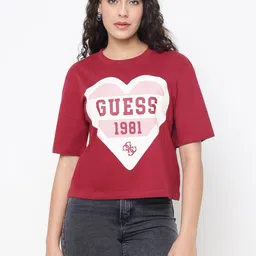 GUESS Women Typography Printed Pure Cotton Boxy T-shirt-image-93