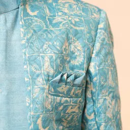 Aj DEZInES Boys Blue Jacquard Full Sleeves Rich Embroidered Sherwani Set image 3