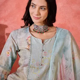 Sangria Women Floral Embroidered Cotton Kurta with Trousers & Dupatta image 2