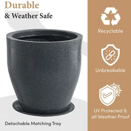 HOMESTIC Grey Round Rotomould Weather-Safe Flower Planter With Tray & Drainage Hole image 2