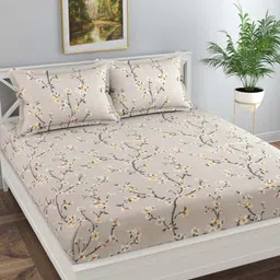 Florida Grey & Beige Floral 130 TC Bedsheet with 2 Pillow Covers-image-33
