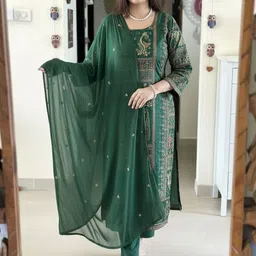 KALINI Ethnic Motifs Printed Square Neck Straight Kurta With Trousers & Dupatta image 4