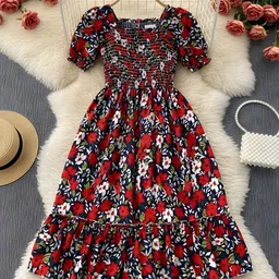 Moda Rapido Girls Floral Printed Puff Sleeve Smocked Detail Fit & Flare Dress-image-26