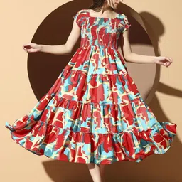 ZWERLON Women Square Neck Cap Sleeves Fit and Flare Midi Dress With Smocked Details-picture-40