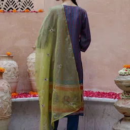 Sangria Stiped V-Neck Kurta With Trousers & Embroidered Dupatta image 4