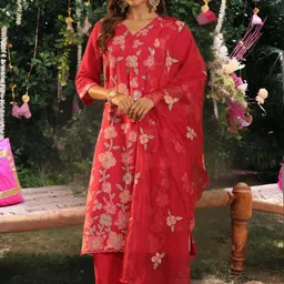 Indo Era Women Floral Embroidered Regular Sequinned Kurta with Trousers & With Dupatta-picture-19