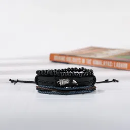 KPOP Men Set Of 3 Artificial Beaded Leather Wraparound Bracelets-image-98