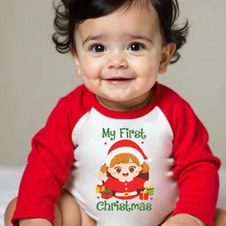 KNITROOT Kids Red & White My First Christmas Printed Cotton Bodysuit-image-19