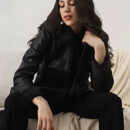Globus Women Spread Collar Solid Leather Jacket-image-16