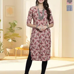 HERE&NOW Selection Of 3 Floral Printed Round Neck Straight Kurtas-picture-33
