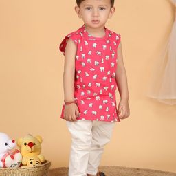 Polka Tots Unisex Kids Animal Printed Sleeveless Pure Cotton Jhabla With Pyjamas-picture-11