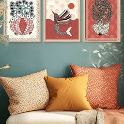 Kotart Beige & Rust 3 Pieces Wooden Birds and Animals Madhubani Wall Arts image 5