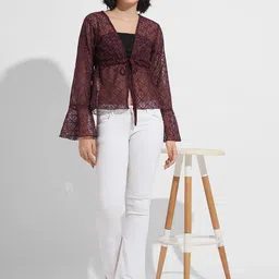 Murcia Floral Self Design Tie-Ups Bell Sleeve Lace Crop Top-picture-18