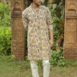 Shasak Men Floral Printed Festive Cotton Straight Kurta-image-1