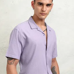 HIGHLANDER Men Cuban Collar Textured Solid Cotton Relaxed Fit Casual Shirt image 4